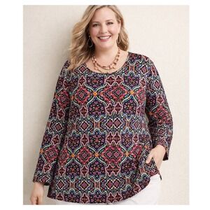 Croft & Barrow Classic Tee Womens Plus 2X Multi Color Long Sleeve Cotton Boho